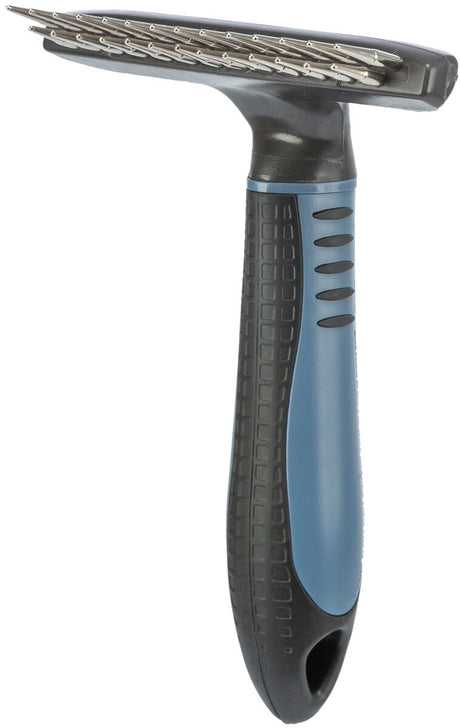 Schwarzer Griffkamm mit blauen Akzenten und silbernen Metallzinken in seitlicher Ansicht.