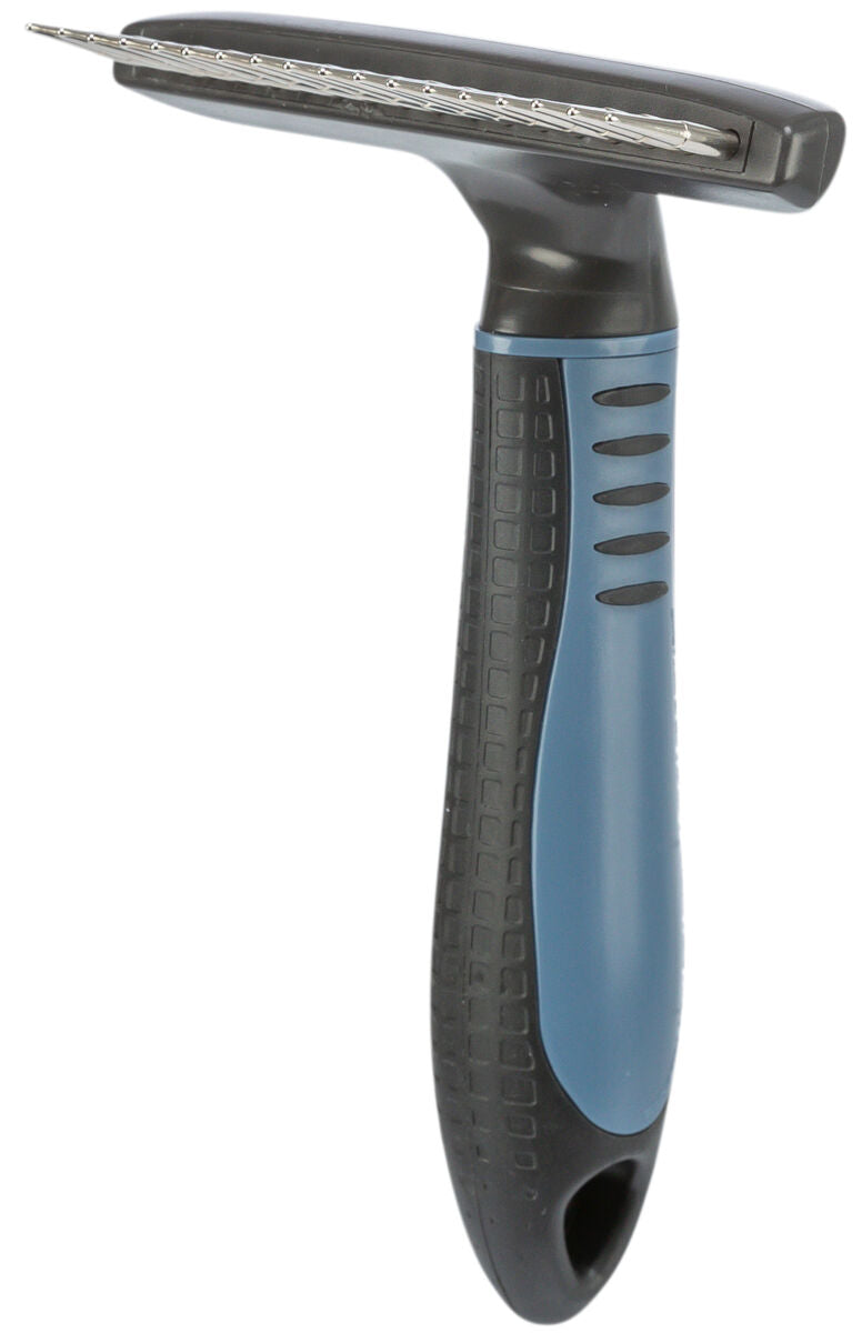 Handbürste mit blau-schwarzem Griff und Metallschneide, ergonomisches Design.