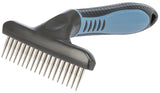 Schwarze Bürste mit blauen Griff und vielen silbernen Metallzinken, Griff mit gummierter Oberfläche.