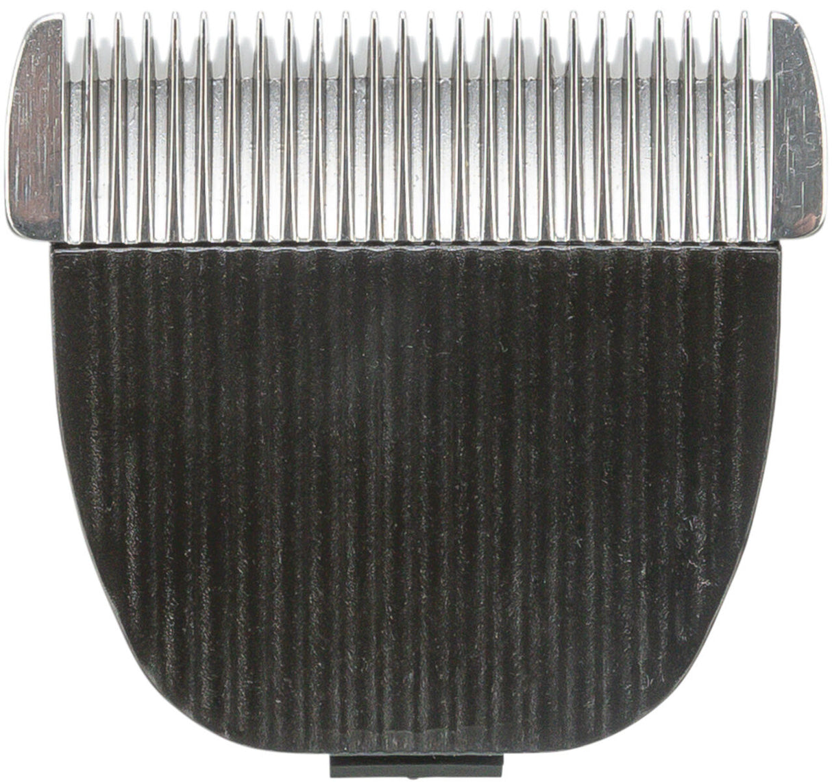 Schwarzer Trimmeraufsatz mit silbernen Klingen in Nahaufnahme, gerade Ausrichtung, metallisch glänzend.