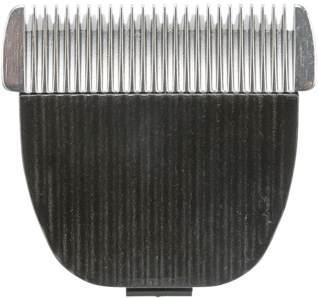 Schwarzer Trimmeraufsatz mit silbernen Klingen in Nahaufnahme, gerade Ausrichtung, metallisch glänzend.