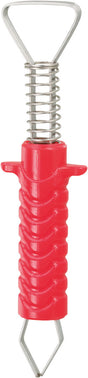 Roter Kunststoffgriff mit silberner Metallspirale und dreieckiger Halterung an einem metallischen Werkzeug.