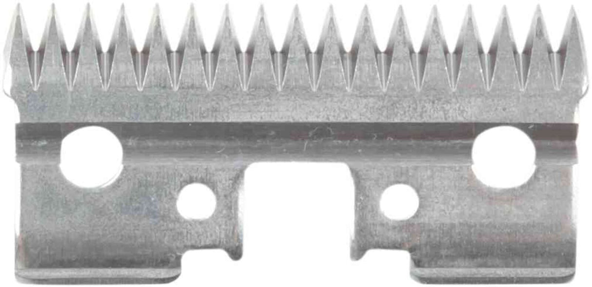 Metallschneideklinge mit gezacktem Rand und mehreren runden Öffnungen, silberfarben.
