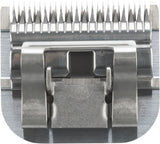 Nahaufnahme eines silberfarbenen Metall-Schermessers mit feinen Zacken und glatter Oberfläche.
