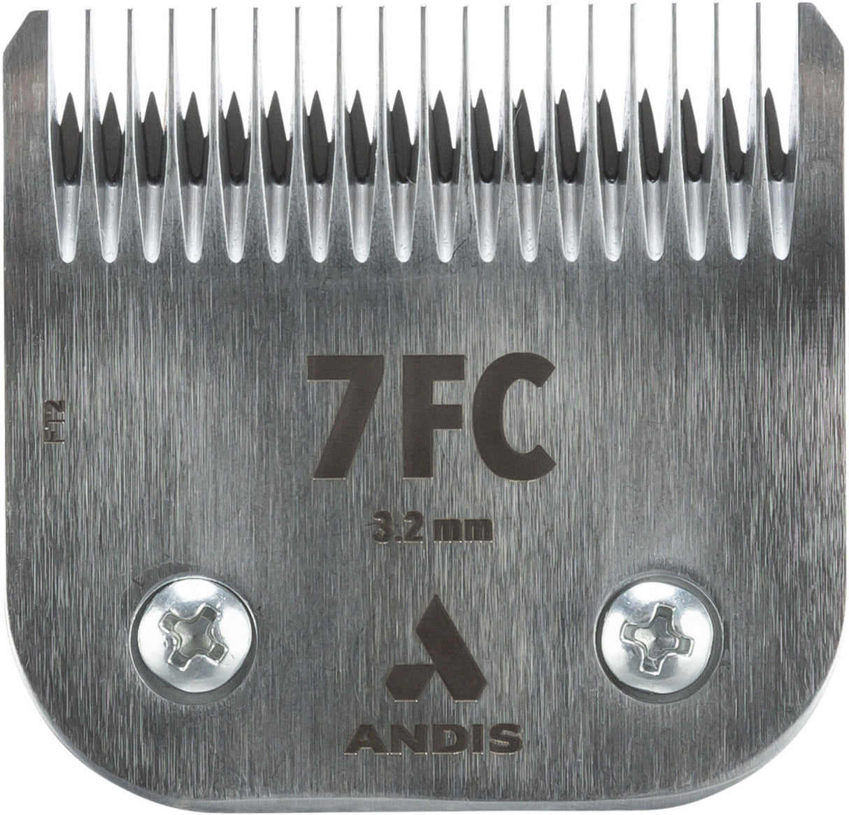 Metallklinge mit Aufschrift "7FC 3,2 mm ANDIS", zwei Schrauben sichtbar, Zähne oben in zwei Reihen.