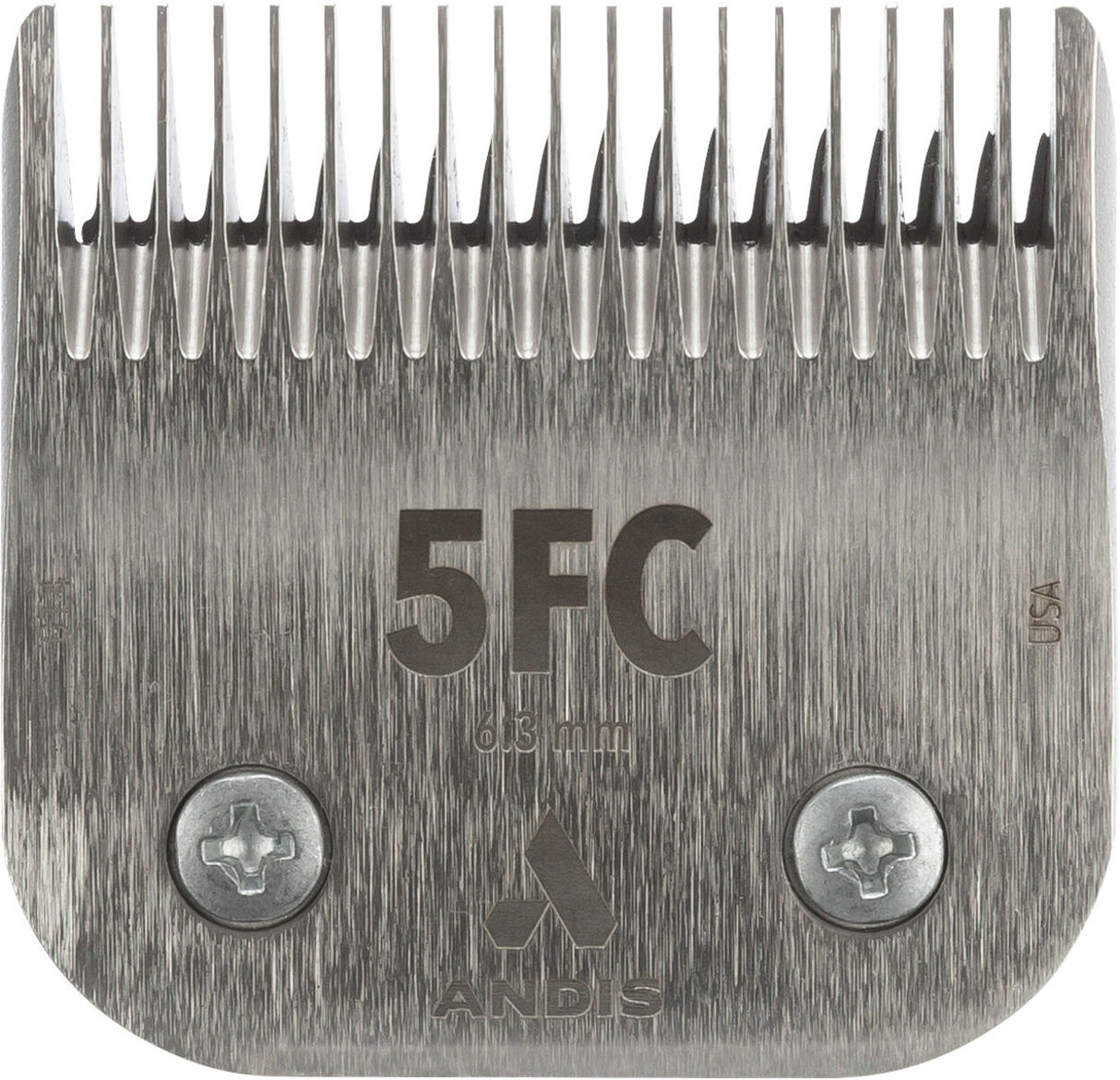 Metallrasierklingenkopf mit Aufschrift „5FC“ und „Andis“, silberne Schrauben und eingravierte Markierungen.