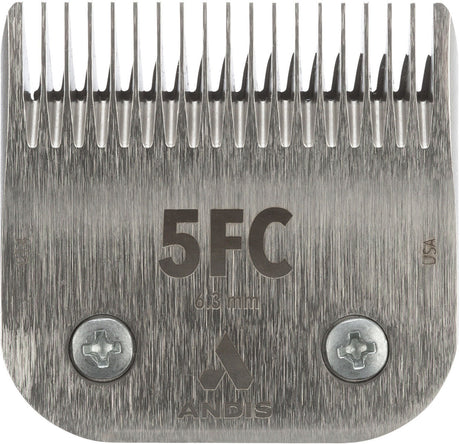 Metallrasierklingenkopf mit Aufschrift „5FC“ und „Andis“, silberne Schrauben und eingravierte Markierungen.