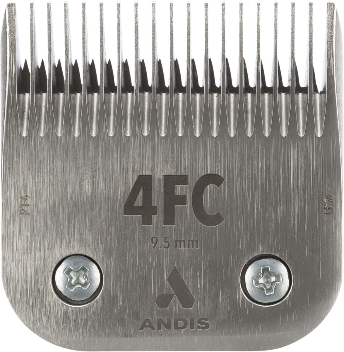 Metallklingeneinsatz mit der Aufschrift "4FC 9.5 mm" und "ANDIS", zwei Schrauben sichtbar.