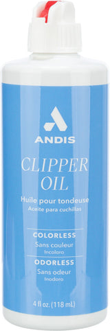 Weiße Flasche mit blauem Etikett, Aufschrift "ANDIS Clipper Oil", farb- und geruchlos, 118 ml.