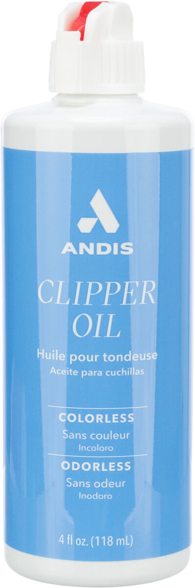 Weiße Flasche mit blauem Etikett, Aufschrift "ANDIS Clipper Oil", farb- und geruchlos, 118 ml.