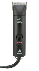 Elektronischer Haarschneider in Schwarz mit silberner Schneide und rotem Schieberegler, Text "AGC 2-Speed Brushless".