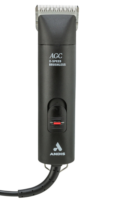 Elektronischer Haarschneider in Schwarz mit silberner Schneide und rotem Schieberegler, Text "AGC 2-Speed Brushless".