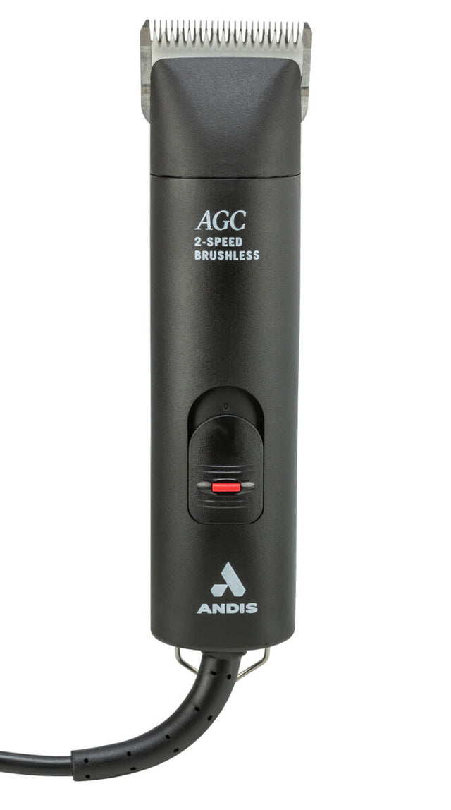 Elektronischer Haarschneider in Schwarz mit silberner Schneide und rotem Schieberegler, Text "AGC 2-Speed Brushless".