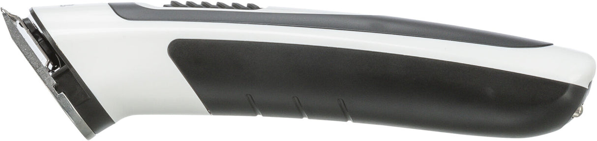 Elektrischer Haarschneider mit schwarzem und weißem Gehäuse, ergonomischem Griff und sichtbarem Schneidekopf.