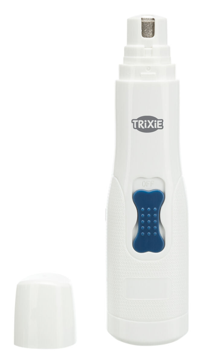 Weiße elektrische Feile mit blauer Gleitfläche und abnehmbarem Deckel, Marke "TRIXIE".