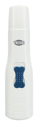 Weißer zylindrischer Behälter mit blauem Schalter und grauem Logo, Aufschrift "TRiXiE".