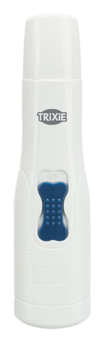 Weißer zylindrischer Behälter mit blauem Schalter und grauem Logo, Aufschrift "TRiXiE".