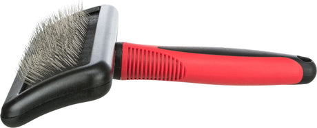 Kleine schwarze Bürste mit rotem, strukturiertem Griff und dichten, dünnen Metallborsten.