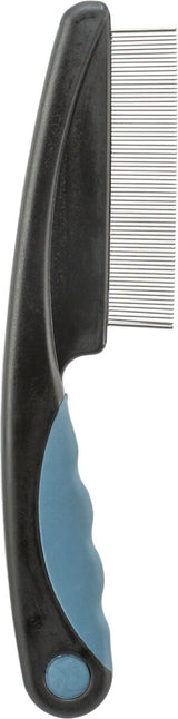 Kamm mit schwarzem Griff und blauer Anti-Rutsch-Oberfläche, feine Metallzinken, vertikal ausgerichtet.