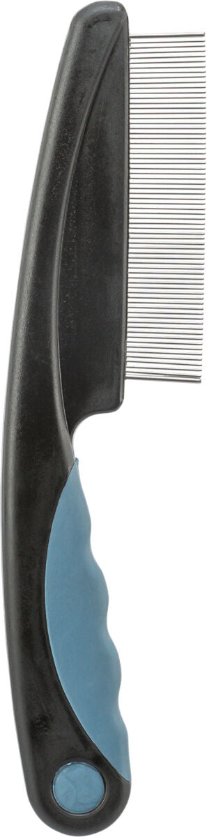 Kamm mit schwarzem Griff und blauer Anti-Rutsch-Oberfläche, feine Metallzinken, vertikal ausgerichtet.