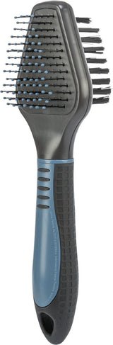 Schwarze Bürste mit blauem Griff und abgerundeten Borstenspitzen, ergonomischer, gummierter Griff.