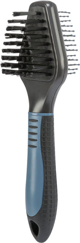 Schwarze und blaue Haarbürste mit ergonomischem Griff und schmalen Borstenreihen, für gründliches Bürsten.