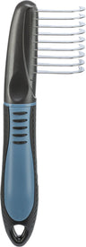 Schwarzer und blauer Kamm mit gebogenen Metallzinken, ergonomischem Griff und blauem Strukturdetail.