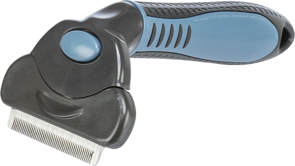 Graumetallischer Tierpflegekamm mit schwarzen und blauen Details und feinen Metallzähnen.
