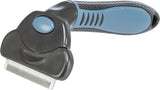 Graumetallischer Tierpflegekamm mit schwarzen und blauen Details und feinen Metallzähnen.