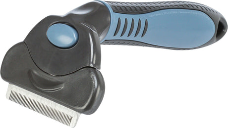 Graumetallischer Tierpflegekamm mit schwarzen und blauen Details und feinen Metallzähnen.