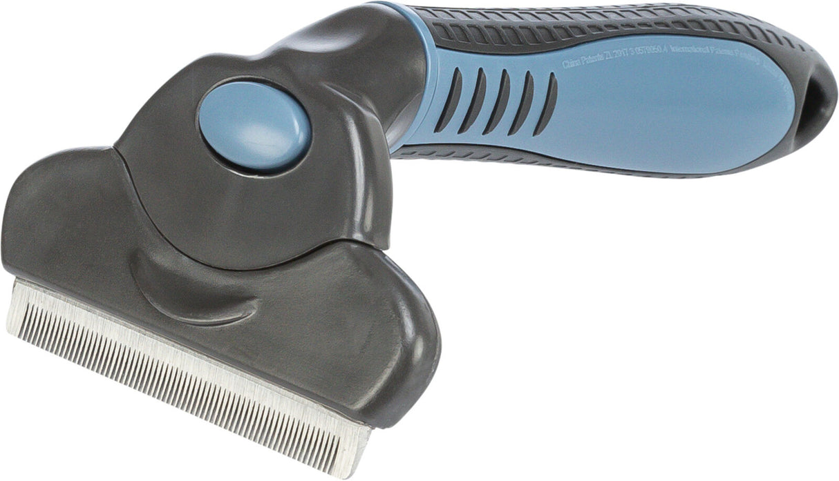Ein grauer und blauer Fellpflegekamm mit ergonomischem Griff und feinen Metallzinken.