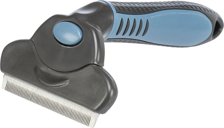 Ein grauer und blauer Fellpflegekamm mit ergonomischem Griff und feinen Metallzinken.