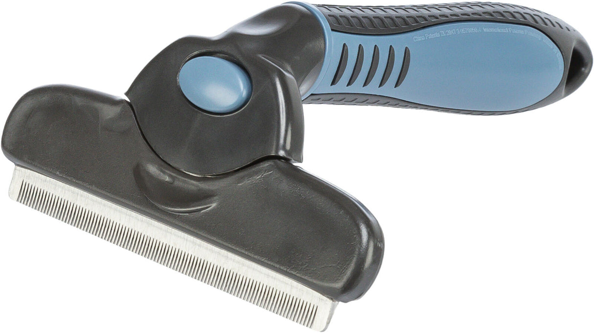 Grauer und blauer Tierhaarkamm mit ergonomischem Griff und feinen Metallzinken zur Fellpflege.