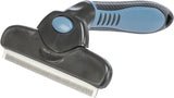 Grauer und blauer Tierhaarkamm mit ergonomischem Griff und feinen Metallzinken zur Fellpflege.
