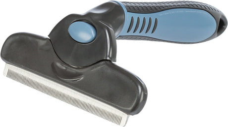 Grauer und blauer Tierhaarkamm mit ergonomischem Griff und feinen Metallzinken zur Fellpflege.