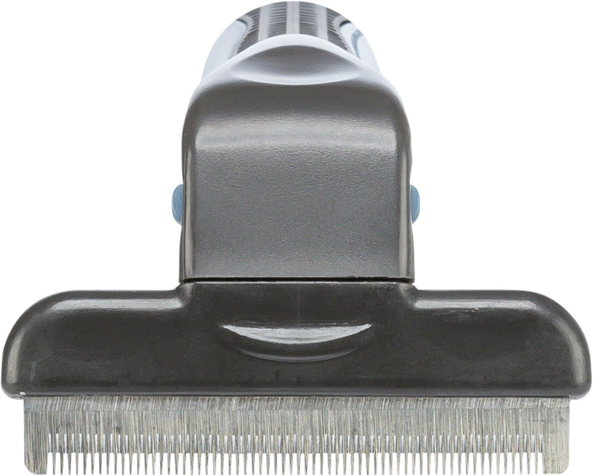 Graues Pflegewerkzeug mit feinen Metallzinken und ergonomischem Griff sichtbar.