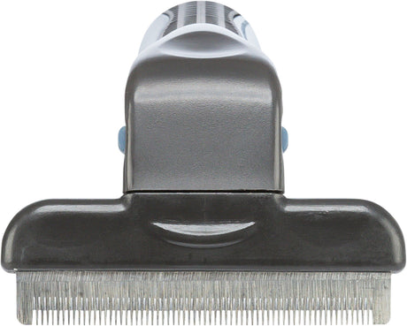 Graues Pflegewerkzeug mit feinen Metallzinken und ergonomischem Griff sichtbar.
