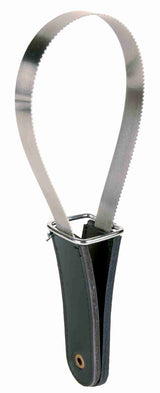 Metallschlaufe mit gezackter Kante und schwarzem Griff, vermutlich ein Werkzeug zur Fellpflege oder Reinigung.