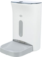 Automatischer Futterspender in Weiß mit grauem Einsatz und Schale, markiert mit "TRIXIE" und Label "L".