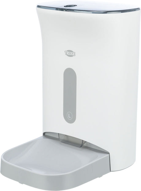 Automatischer Futterspender in Weiß mit grauem Einsatz und Schale, markiert mit "TRIXIE" und Label "L".