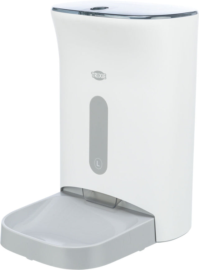 Automatischer Futterspender in Weiß mit grauem Einsatz und Schale, markiert mit "TRIXIE" und Label "L".