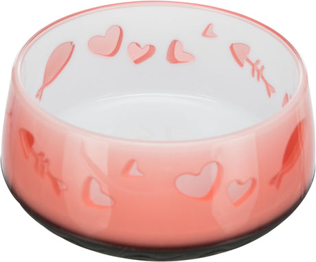 Runde, rosa-weiße Schale mit Herz- und Fischgrätenmotiven auf der Außenseite.