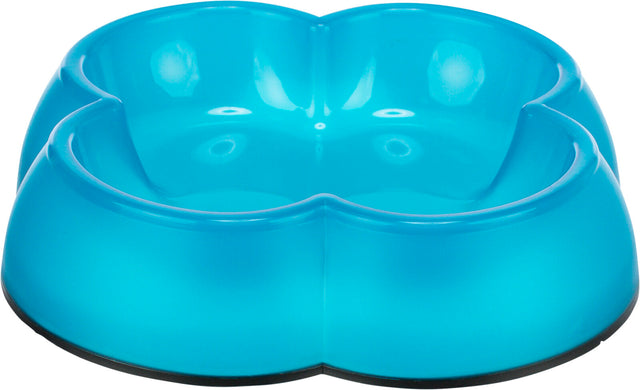 Blauer Napf mit glänzender Oberfläche, in Form eines vierblättrigen Kleeblatts gestaltet.