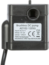 Kompakte schwarze bürstenlose DC-Pumpe mit weißem Etikett, Modell AD102-1205G, spezifiziert DC12 V, Hmax 47 cm, Qmax 120L/h.