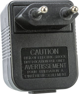 Schwarzes Ladegerät mit zwei Metallstiften und Warnhinweisen in Englisch und Französisch auf der Vorderseite.
