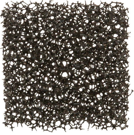 Schwarzes, netzartiges Geflecht in quadratischer Form mit unregelmäßigen, kreisförmigen Öffnungen.