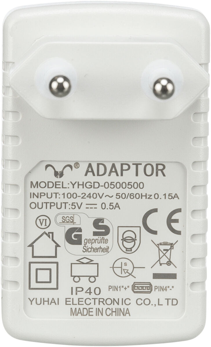 Weiße Steckdosenadapter-Rückseite mit Modellnummer YHGD-0500500, Eingang 100-240V, Ausgang 5V 0,5A, Sicherheitszeichen.