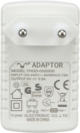 Weiße Steckdosenadapter-Rückseite mit Modellnummer YHGD-0500500, Eingang 100-240V, Ausgang 5V 0,5A, Sicherheitszeichen.