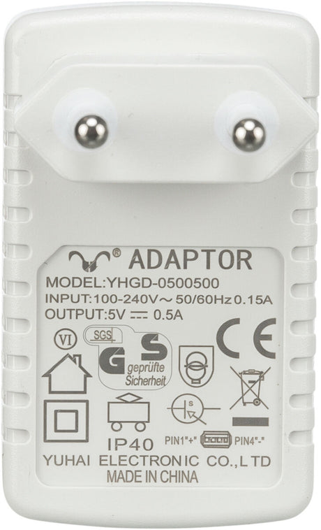 Weiße Steckdosenadapter-Rückseite mit Modellnummer YHGD-0500500, Eingang 100-240V, Ausgang 5V 0,5A, Sicherheitszeichen.