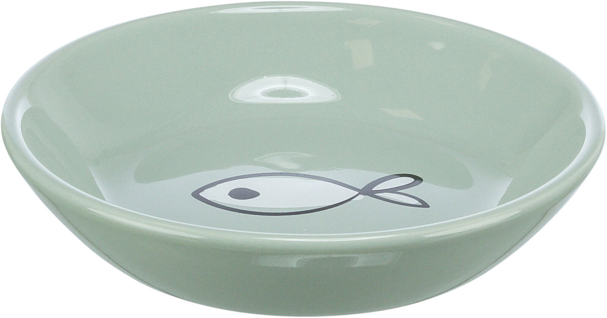 Graue Schale mit Fischsymbol im Inneren, rund und glatt, glänzende Oberfläche.